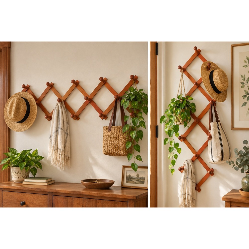 Vintage Accordion Wall Rack Home Decor Brown Wood Expandable 10 Peg Hanger